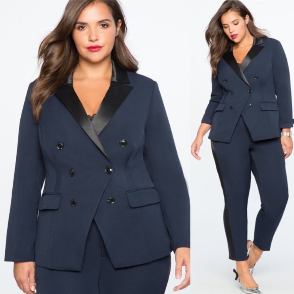ELOQUII Satin Collar Double Breasted Blazer Navy